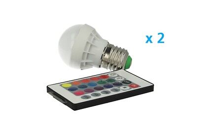 2 PZ Lampade Led E27 RGB 3W Telecomando Infra Rossi Incluso Cromoterapia