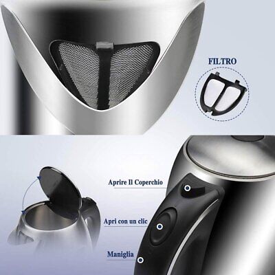 Bollitore Acqua Elettrico 1,7 Litri In Acciaio Inox 2200W Spina Schuko 16A