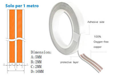 1mt Cavo Nastro Elettrico Biadesivo Super Slim Piatto 2 Conduttori 025mmq Rame