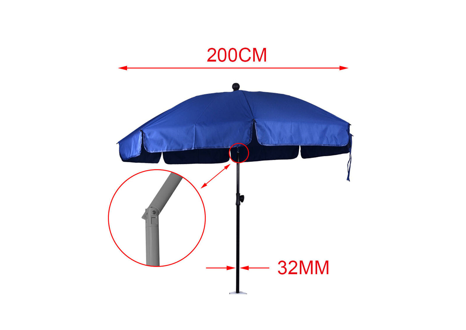 Ombrellone da Giardino Diametro 200cm Con Inclinazione Regolabile 8 Stecche