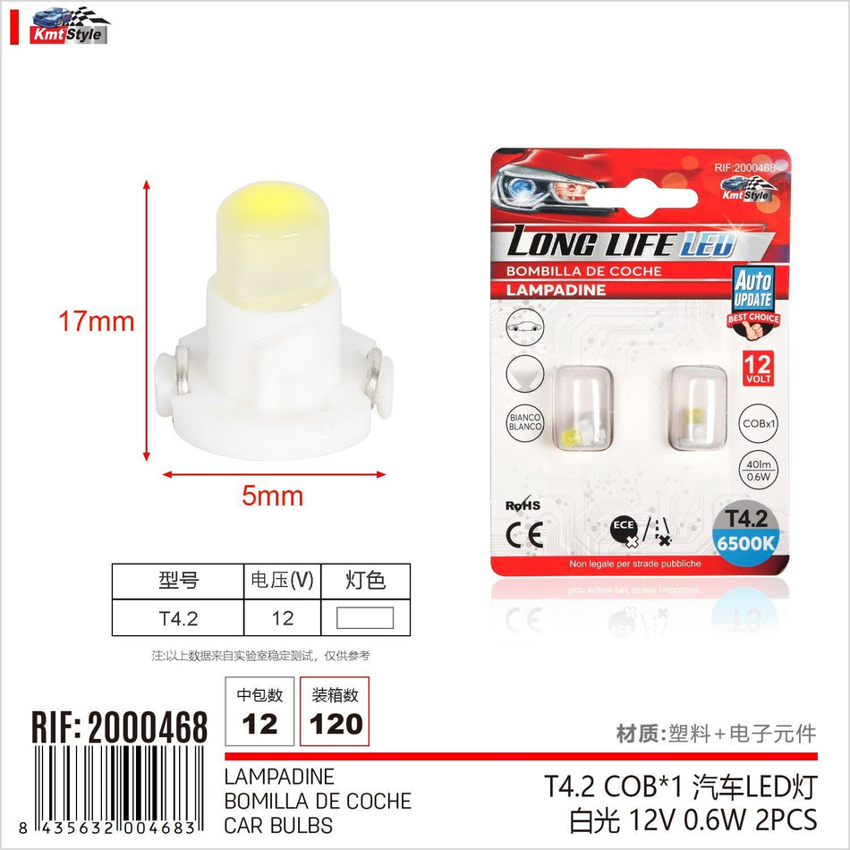 8 Pezzi Lampada Led T4.2 COBx1 12V 0.6W 40lm Bianco Freddo 6500K 17mm Luci