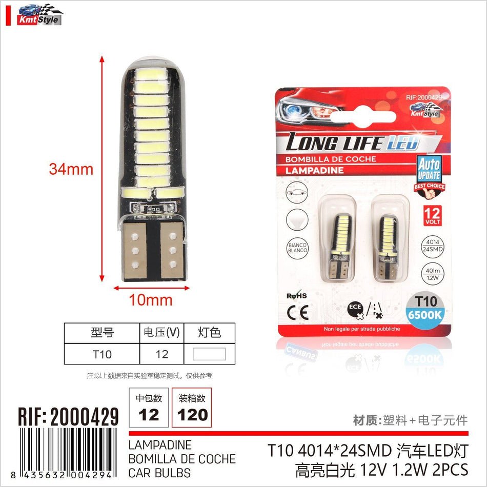 8 Pezzi Lampada Led T10 24 SMD 4014 12V 1.2W 40lm Bianco Freddo 6500K V