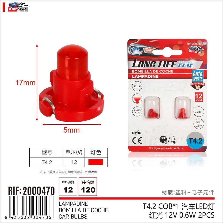 8 Pezzi Lampada Led T4.2 COBx1 12V 0.6W 40lm Luce Rossa 17mm Luci Cruscotti e