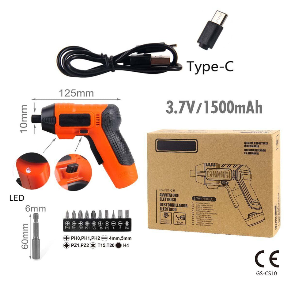 Avvitatore Elettrico a Batteria con Torcia LED Ricaricabile USB C 3Nm 3.7V