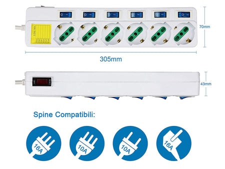 Multipresa Ciabatta Elettrica Con 6 Posti Prese Schuko 10/16A + 7 Interruttori