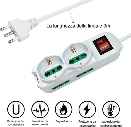 Multipresa Ciabatta Elettrica Cavo 3M Con 6 Posti 2 Prese Schuko 10/16A + 4
