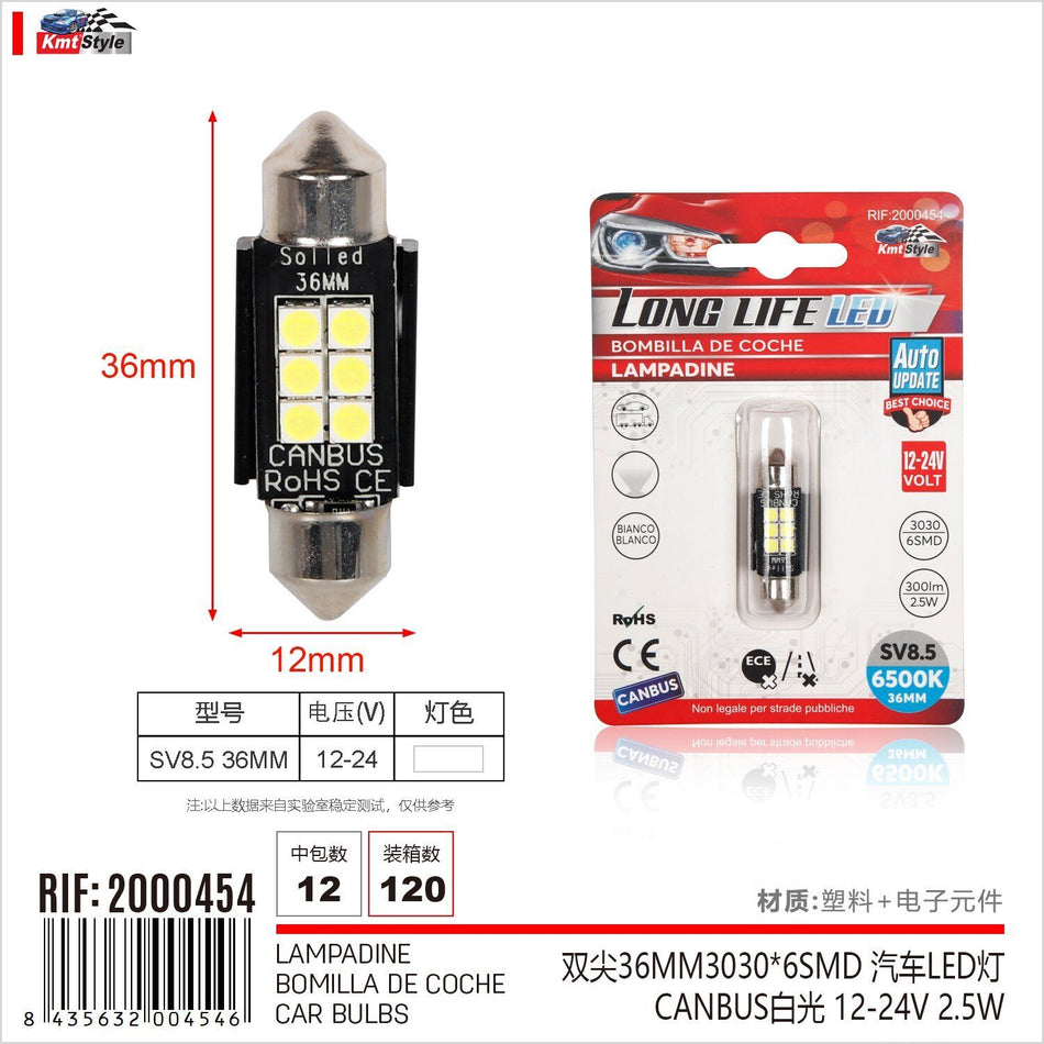 4 Pezzi Lampada Led Siluro SV8.5 C5W C10W 6 SMD 3030 12V-24 2.5W 300lm Bianco