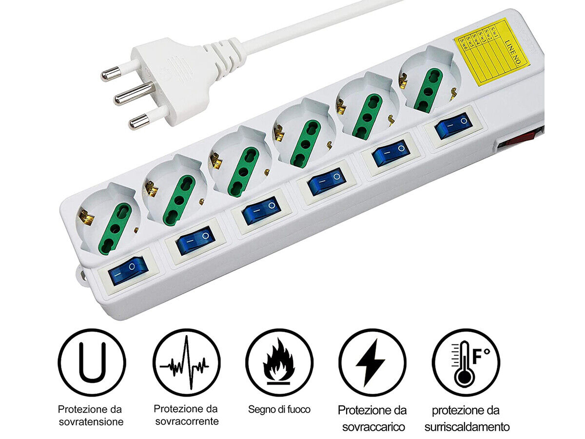 Multipresa Ciabatta Elettrica Con 6 Posti Prese Schuko 10/16A + 7 Interruttori