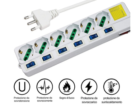 Multipresa Ciabatta Elettrica Con 6 Posti Prese Schuko 10/16A + 7 Interruttori