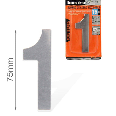Numero Civico Adesivo 1 in Acciaio Inossidabile Colore Cromato 75mm <ul><li
