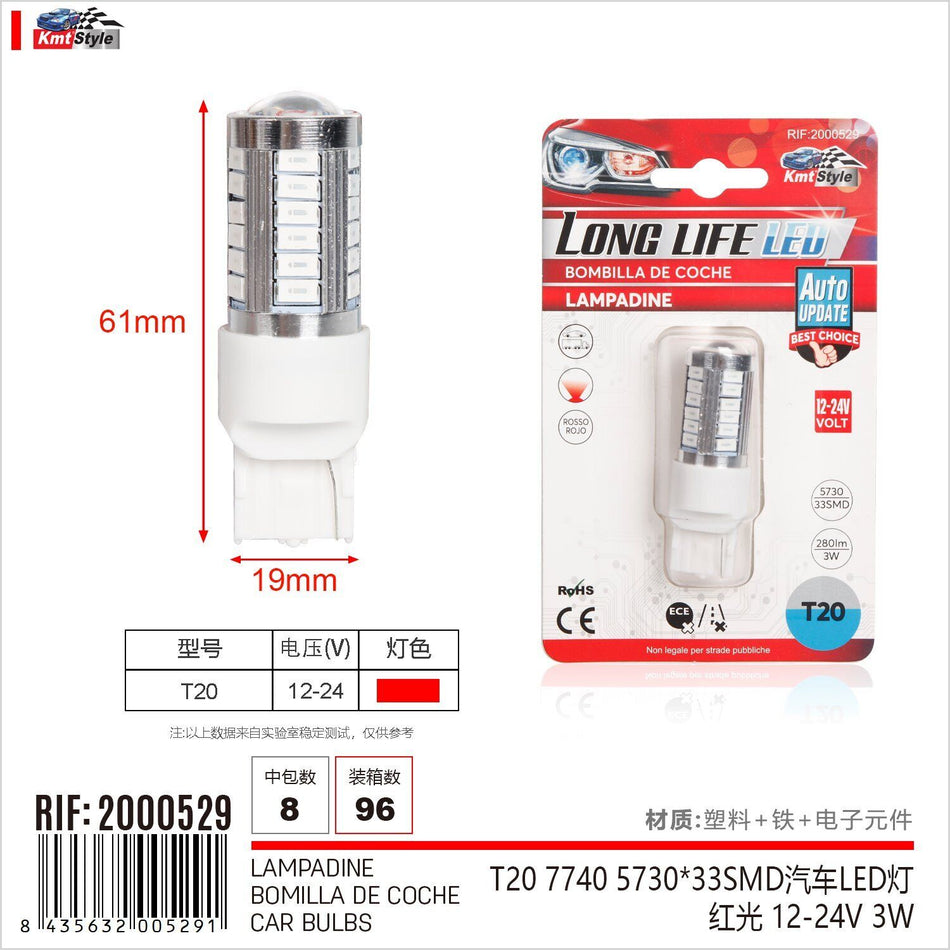 2 Pezzi Lampada Led T10 W21W 33 SMD 5730 12V0 24V 280lm 3W Luce Rosso