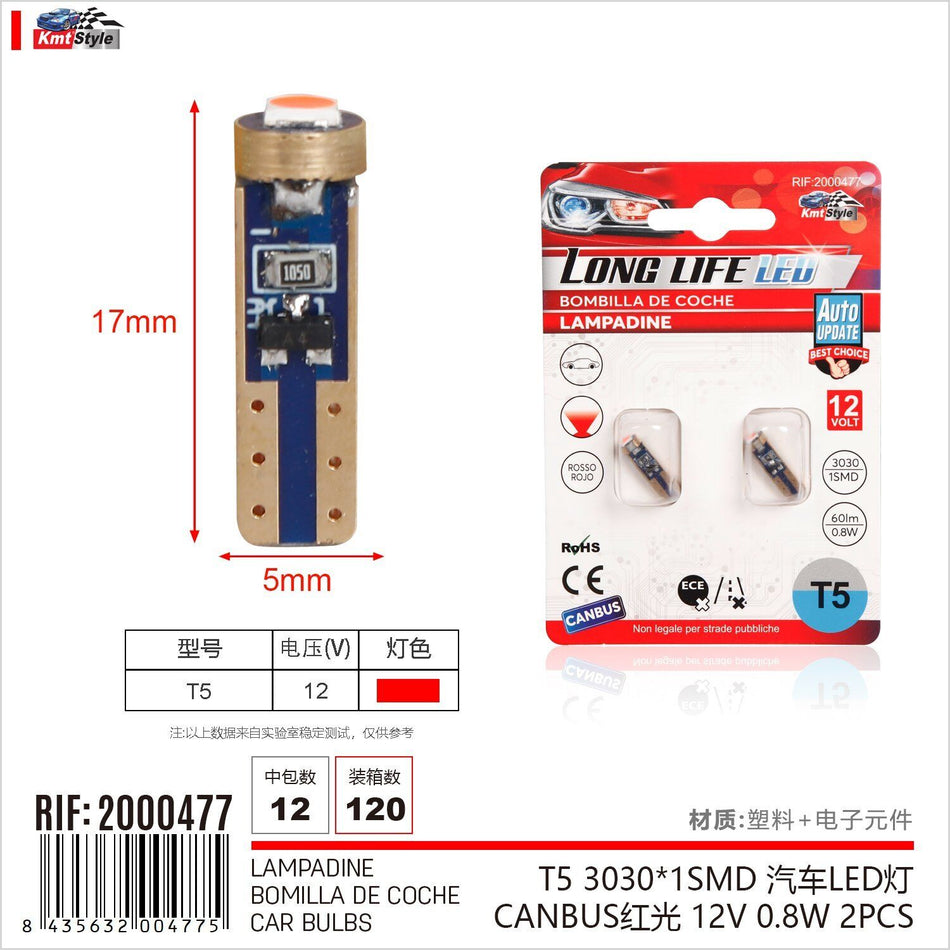 8 Pezzi Lampada Led T5 W2X4.6D W1,2W W3W 1 SMD 3030 12V 60lm 0.8W Luce Rosso