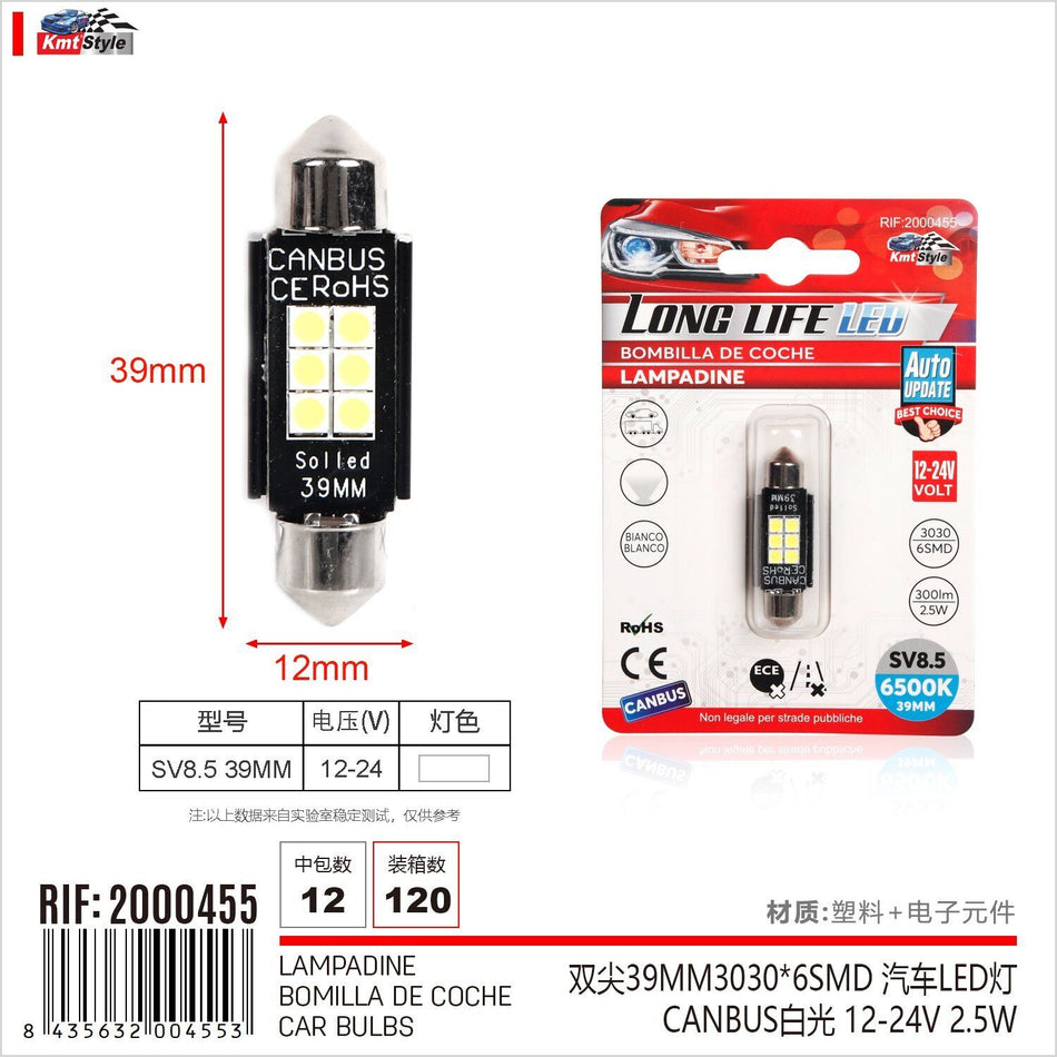 4 Pezzi Lampada Led Siluro SV8.5 C5W C10W 6 SMD 3030 12V-24 2.5W 300lm Bianco