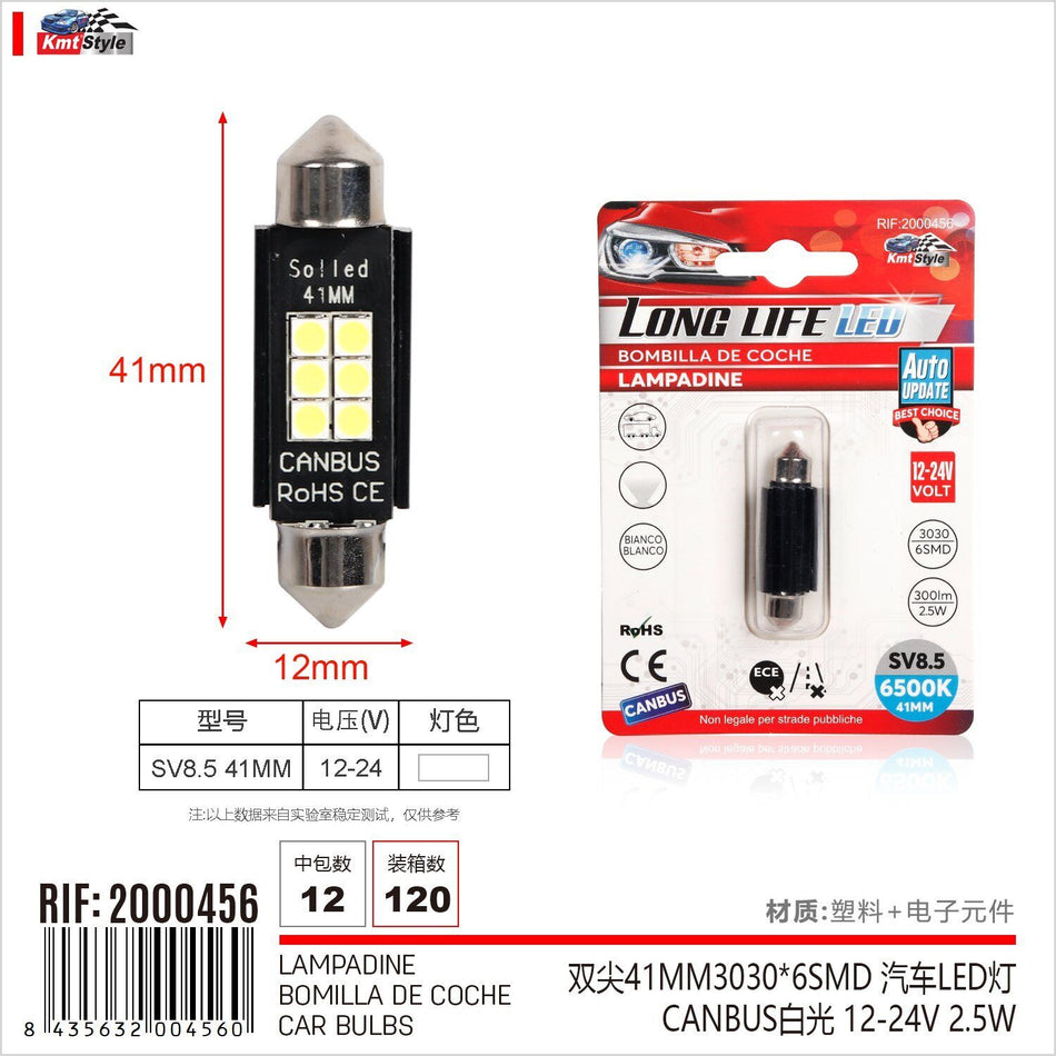 4 Pezzi Lampada Led Siluro SV8.5 C5W C10W 6 SMD 3030 12V-24 2.5W 300lm Bianco