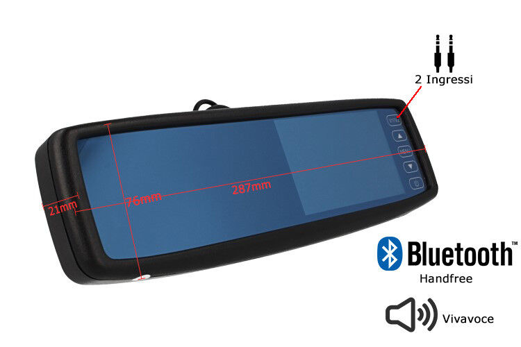 Monitor Specchio Retrovisore Bluetooth Vivavoce 4,3 Pollici Touch Key 2 Input