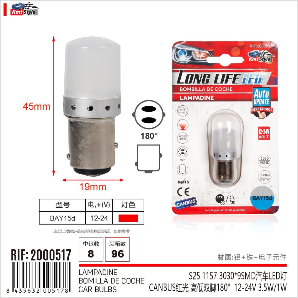 2pz Lampada Led BAY15D S25 P21/W 9 SMD 3030 12V 24V 300lm 1W/3.5W Doppio
