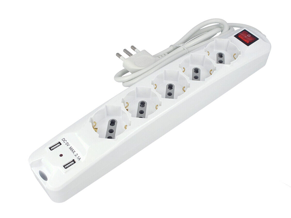 Multipresa Ciabatta Elettrica Spina Con 2 USB 2.1A Cavo 1.5 Metri 5 Posti 2P+T