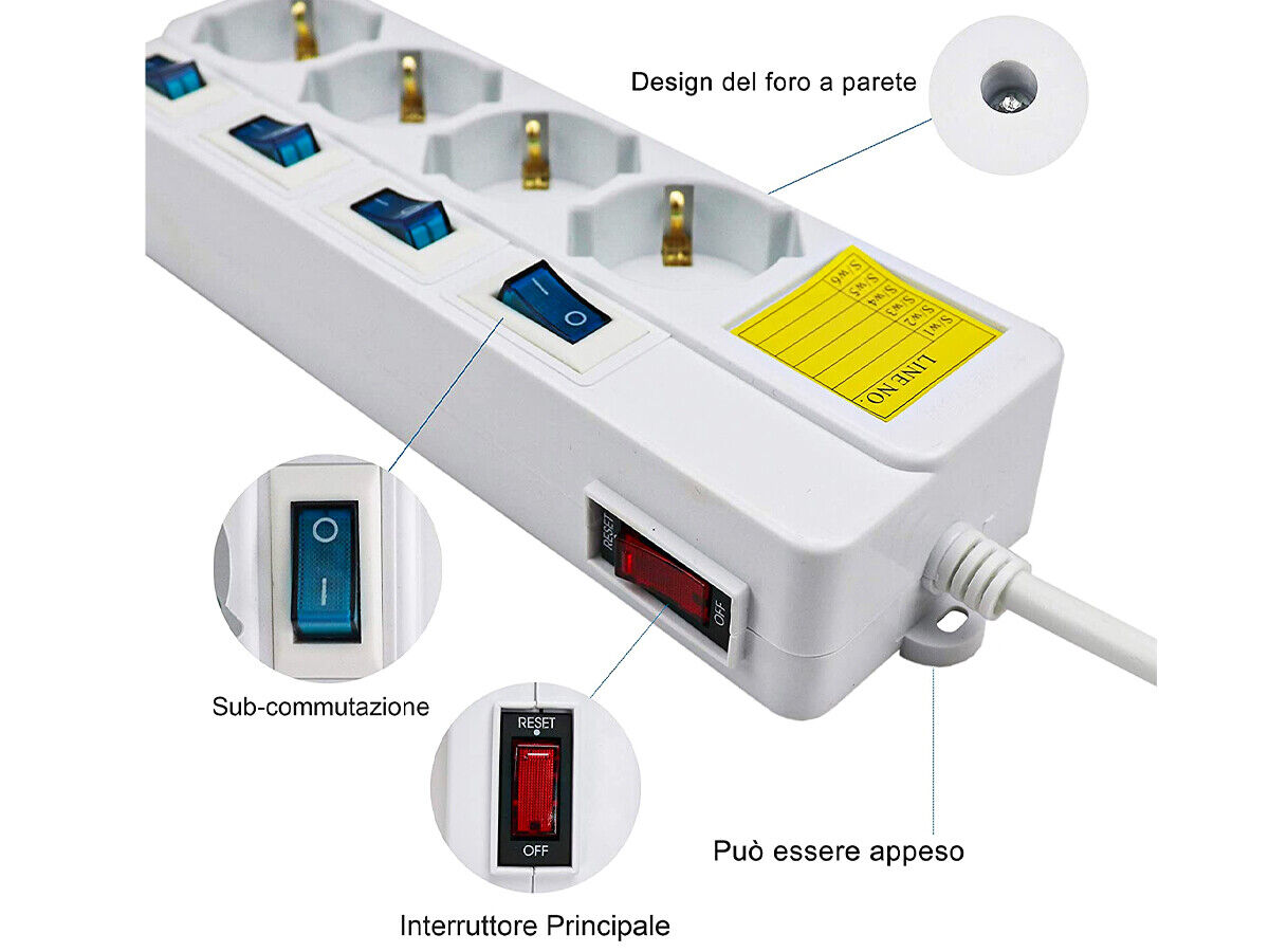 Multipresa Ciabatta Elettrica Con 4 Posti Prese Schuko 10/16A + 5 Interruttori