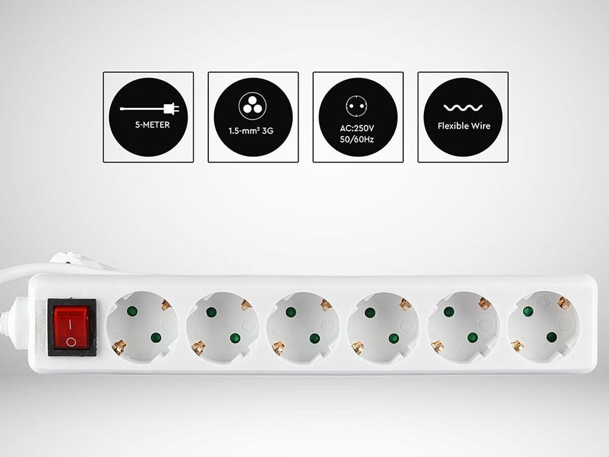 Multipresa Ciabatta Elettrica 6 Posti Schuko Spina Tipo Ibrido F + E Cavo Lunga