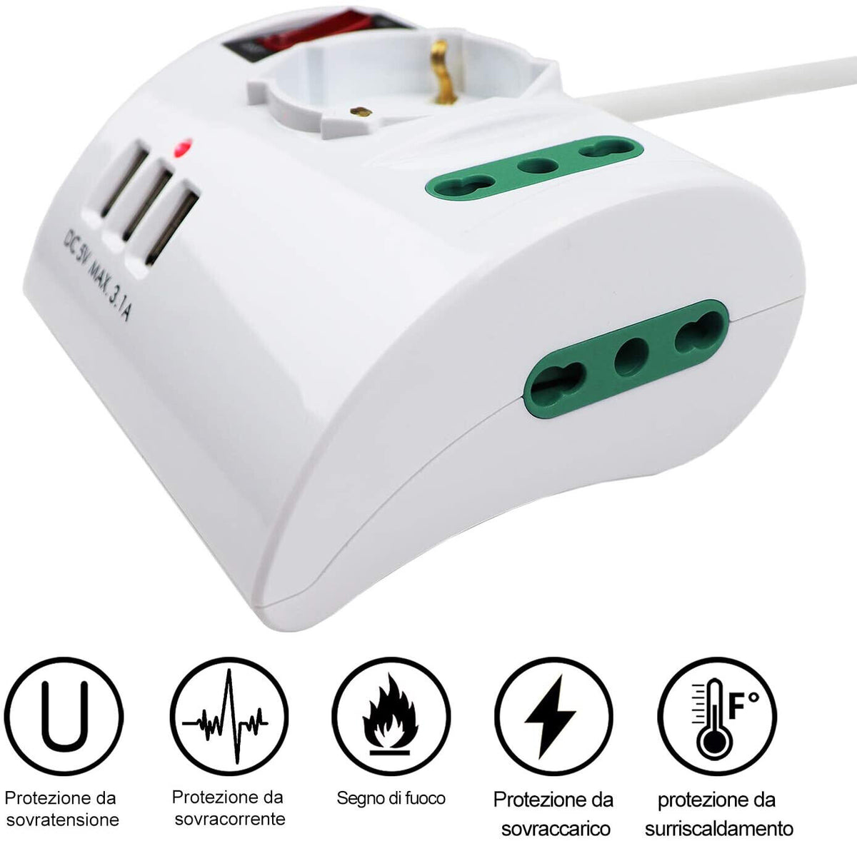 Multipresa da Scrivania con 3 Prese USB Max 3,1A Spina 10A Bipasso Interruttore