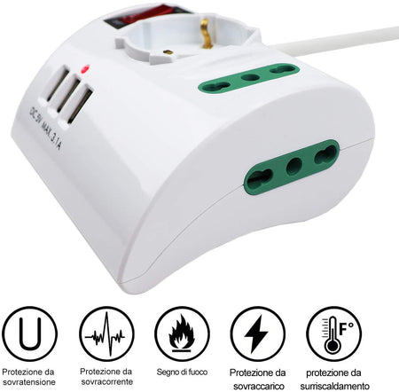 Multipresa da Scrivania con 3 Prese USB Max 3,1A Spina 10A Bipasso Interruttore
