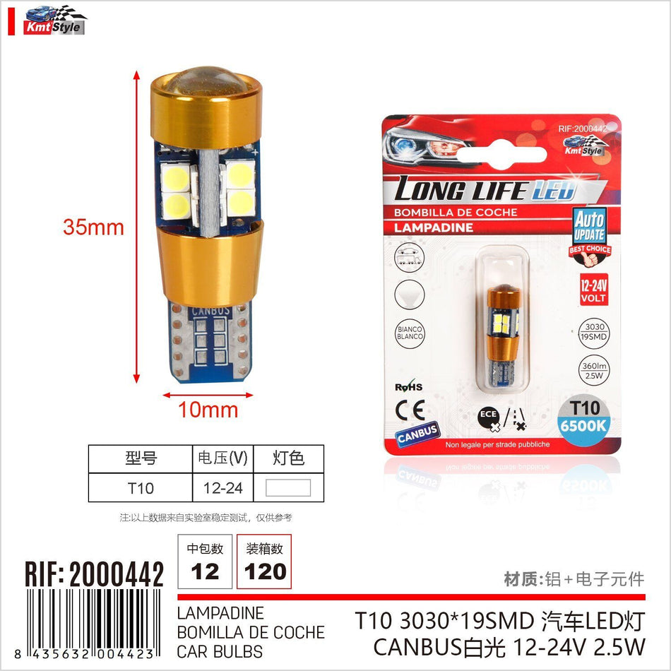 8 Pezzi Lampada Led T10 19 SMD 3030 12-24V 2.5W 360lm Bianco Freddo 6500K