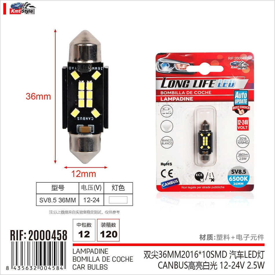 4 Pezzi Lampada Led Siluro SV8.5 C5W C10W 10 SMD 2016 12V-24 2.5W 380lm Bianco