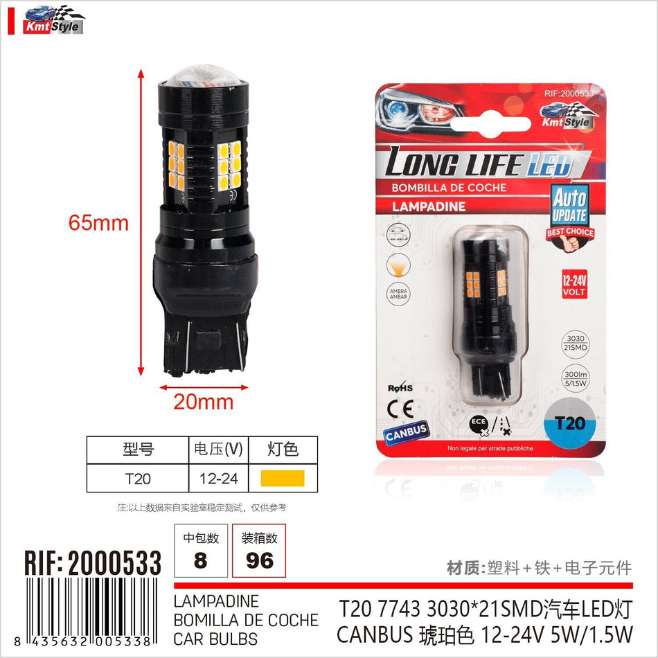 2 Pezzi Lampada Led T20 W21W 21 SMD 3030 12V 24V 300lm 5/1.5W Doppio Filamento