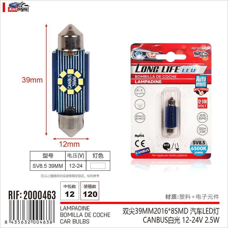 4 Pezzi Lampada Led Siluro SV8.5 C5W C10W 8 SMD 2016 12V-24 2.5W 120lm Bianco