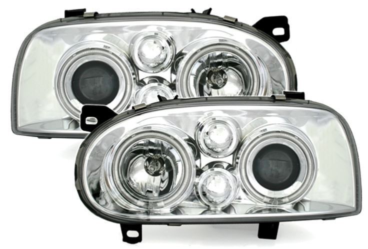 Coppia Fari Fanali Anteriori TUNING Golf 3 III Cromati H7/H9 CCFL Angel Eyes