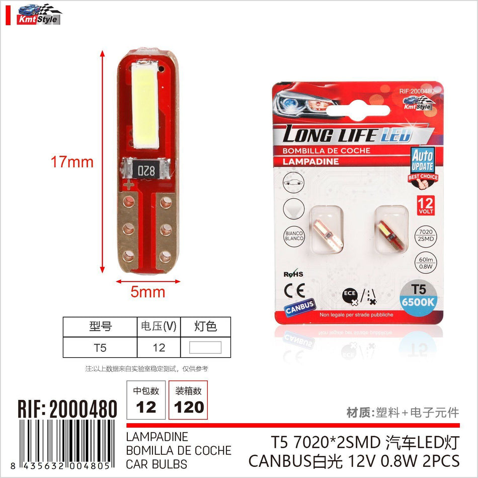 8 Pezzi Lampada Led T5 W2X4.6D W1,2W W3W 2 SMD 7020 12V 60lm 0.8W Luce Rosso