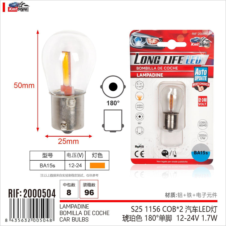 2 Pezzi Lampada Led BA15s S25 P21W R10W Cobx2 12V 24V 300lm 1.7W Luce Gialla