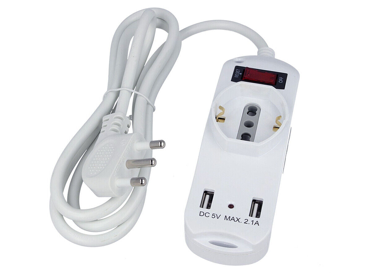 Multipresa Ciabatta Elettrica Spina Con 2 USB 2.1A Cavo 1.5 Metri Spina 16A 2 P
