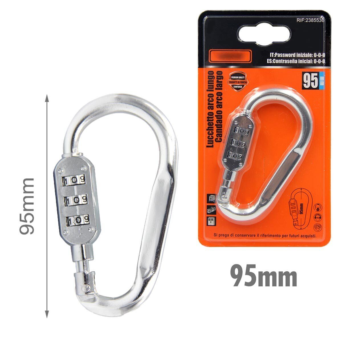 Moschettone di Alluminio Forma D Portachiave con Lucchetto a Combinazione 95mm
