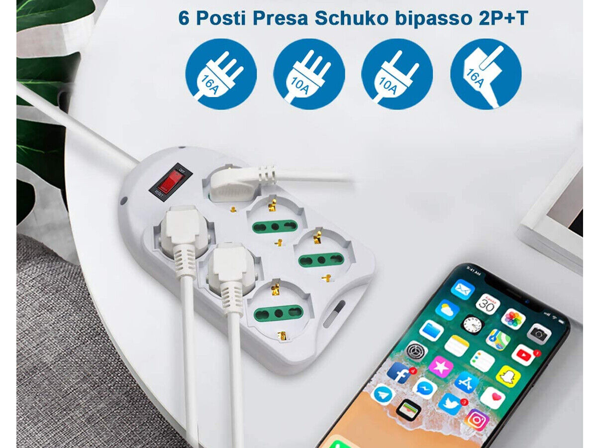 Multipresa Ciabatta Elettrica Con 6 Prese Schuko 10/16A Interruttore Spina 10A