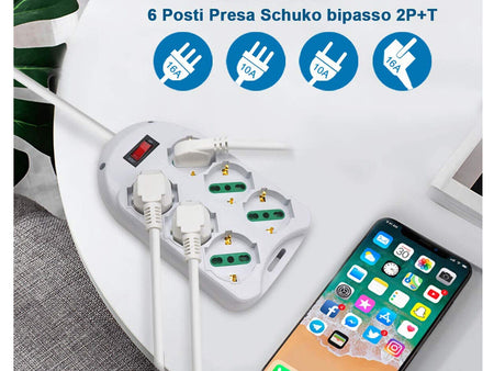 Multipresa Ciabatta Elettrica Con 6 Prese Schuko 10/16A Interruttore Spina 10A