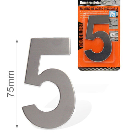 Numero Civico Adesivo 5 in Acciaio Inossidabile Colore Cromato 75mm <ul><li