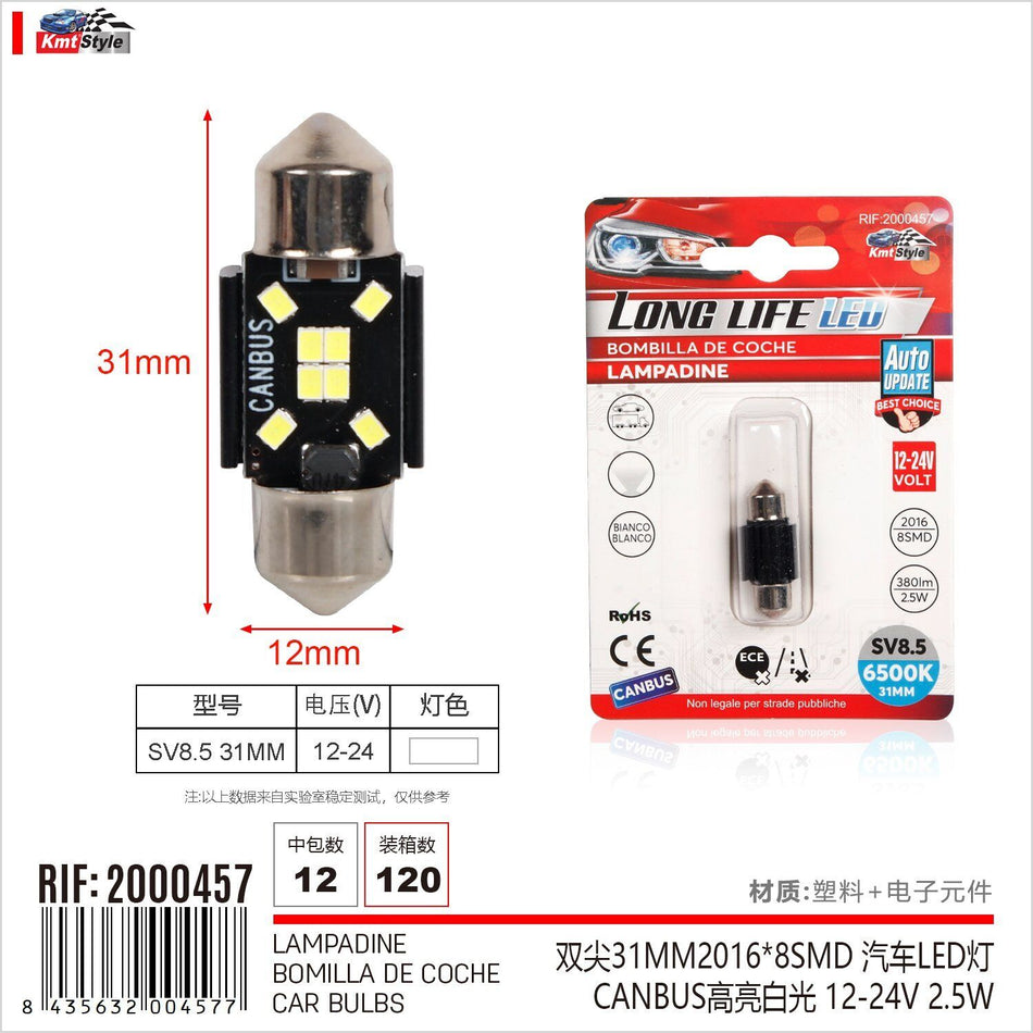 4 Pezzi Lampada Led Siluro SV8.5 C5W C10W 8 SMD 2016 12V-24 2.5W 380lm Bianco