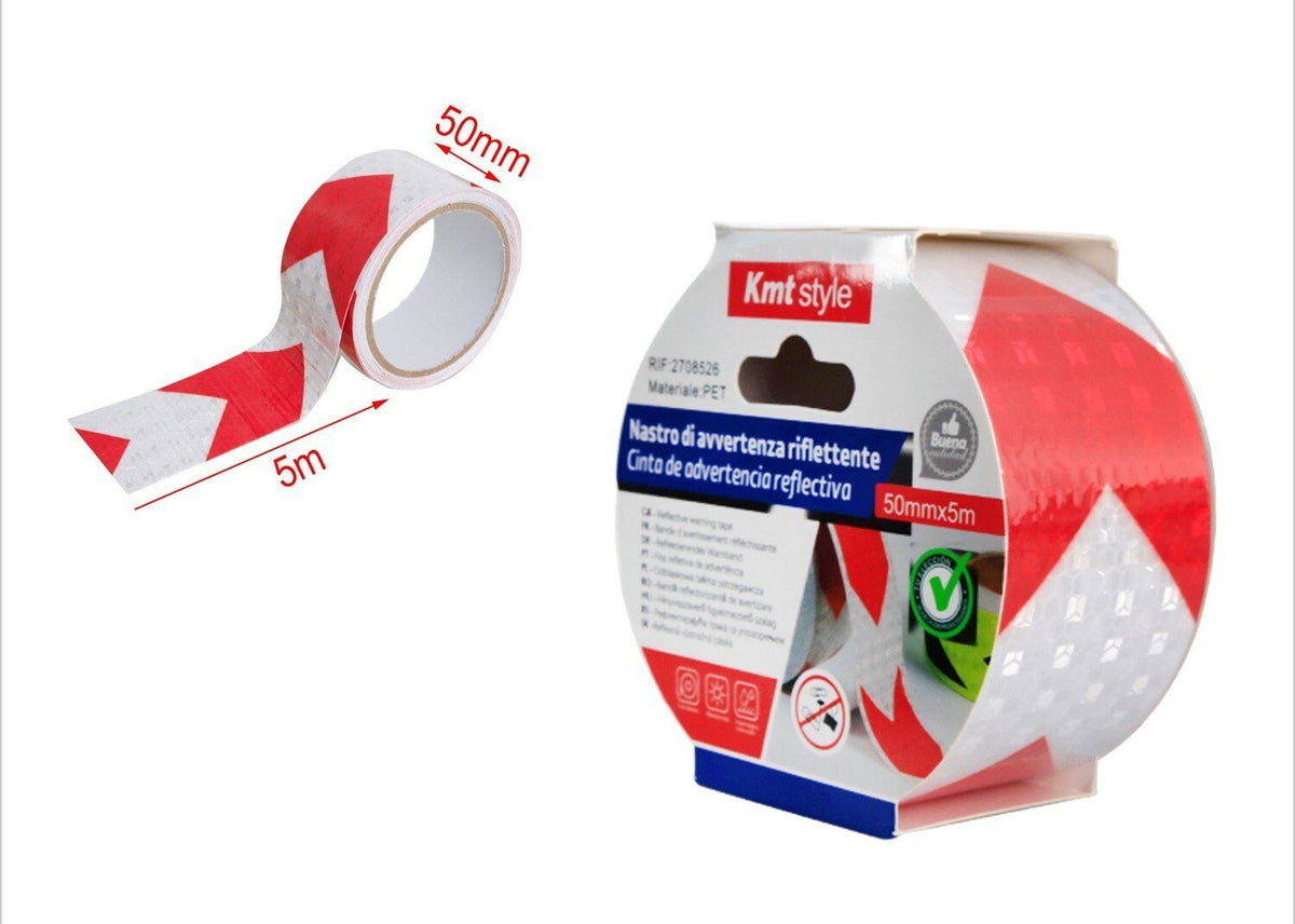 Nastro Adesivo Riflettente 50mm X 5MT Bianco Rosso Con Freccia Catarifrangente