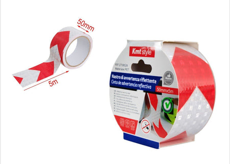 Nastro Adesivo Riflettente 50mm X 5MT Bianco Rosso Con Freccia Catarifrangente