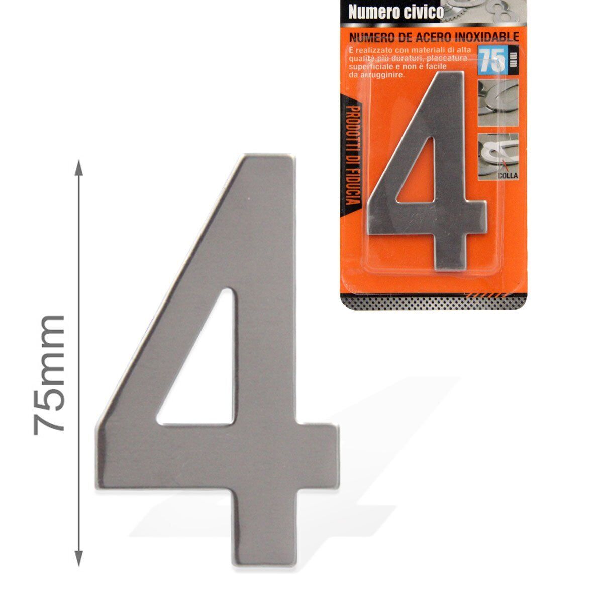 Numero Civico Adesivo 4 in Acciaio Inossidabile Colore Cromato 75mm <ul><li