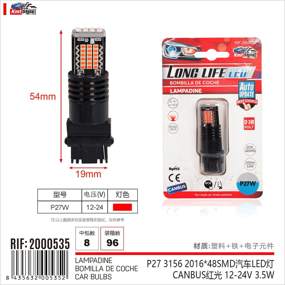 2 Pezzi Lampada Led T25 P27W 48 SMD 2016 12V 24V 300lm 3.5W Luce Rosso 54mm