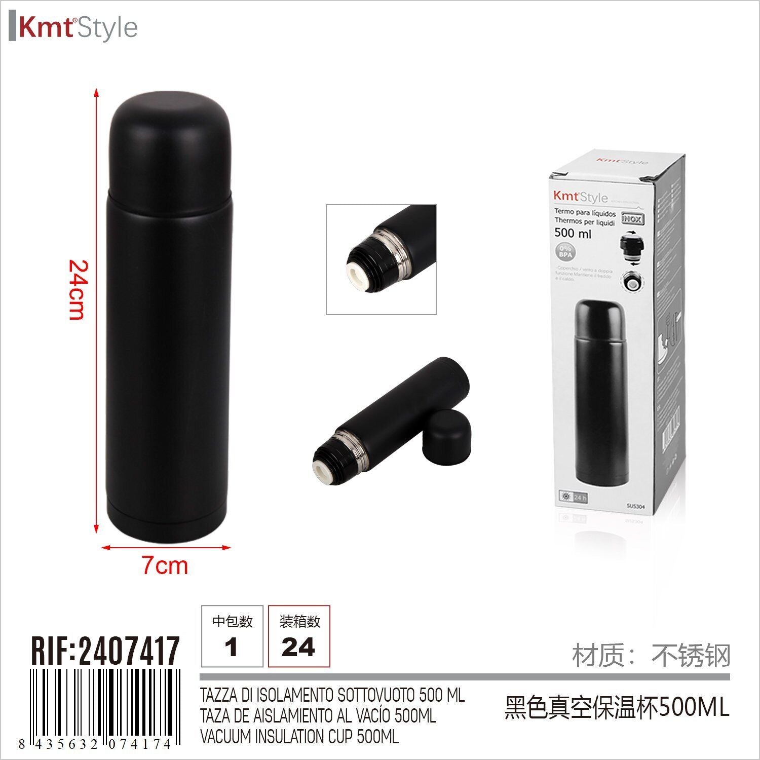 Bottiglia Termica Thermos 24H Caldo e Freddo Modello Classico Colore Nero 500mL