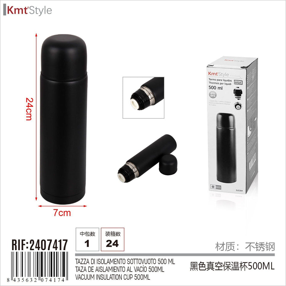 Bottiglia Termica Thermos 24H Caldo e Freddo Modello Classico Colore Nero 500mL