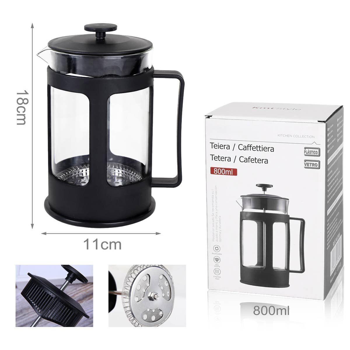 Caffettiera Teiera Termica a Doppia Parete con Filtro Manuale e Manico in Vetro