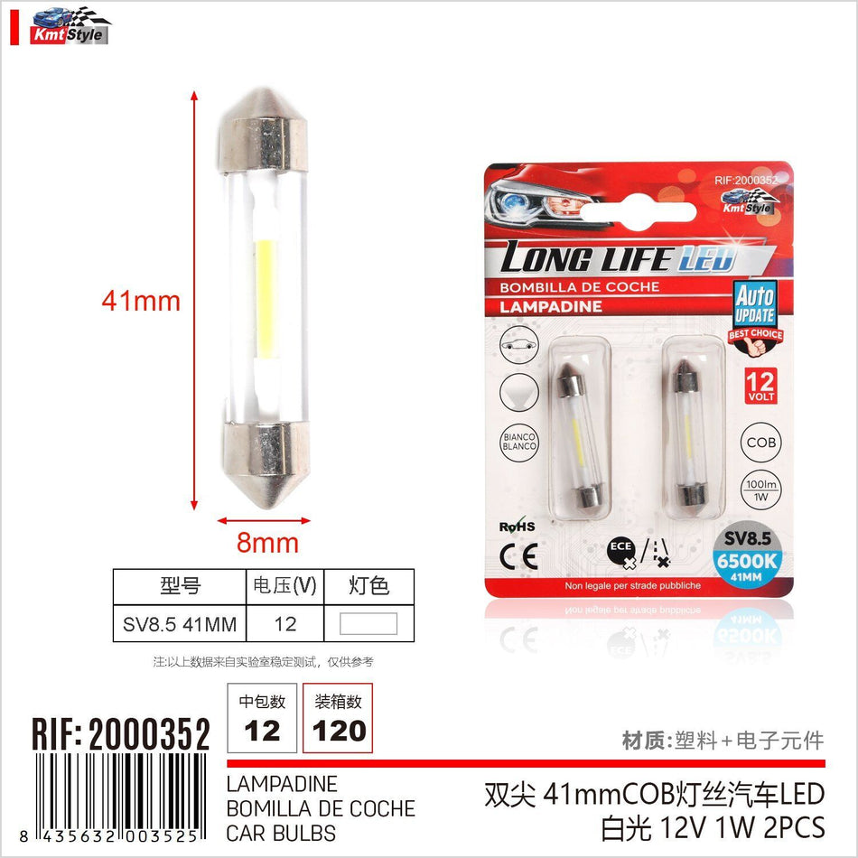 8 Pezzi Lampada Led Siluro SV8.5 COB C5W C10W 12V 1W 41mm 100lm Bianco Freddo