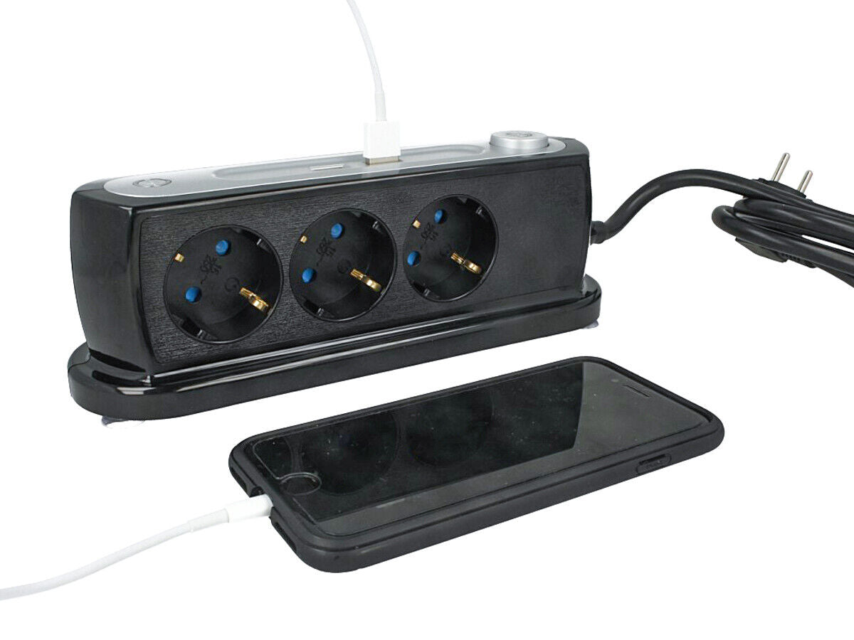 Multipresa Ciabatta da Tavolo 3 Prese Schuko 16A 2P e 2 Porte USB 5V 2.4A Con I
