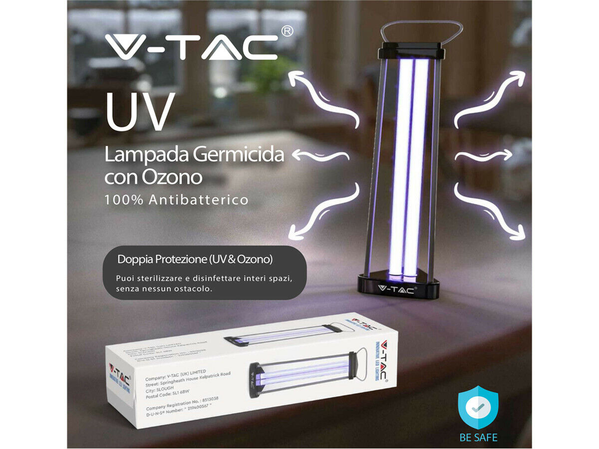 LAMPADA GERMICIDA RAGGI UV DISINFEZIONE OZONO CONTRO BATTERI VIRUS FINO A 60 MQ