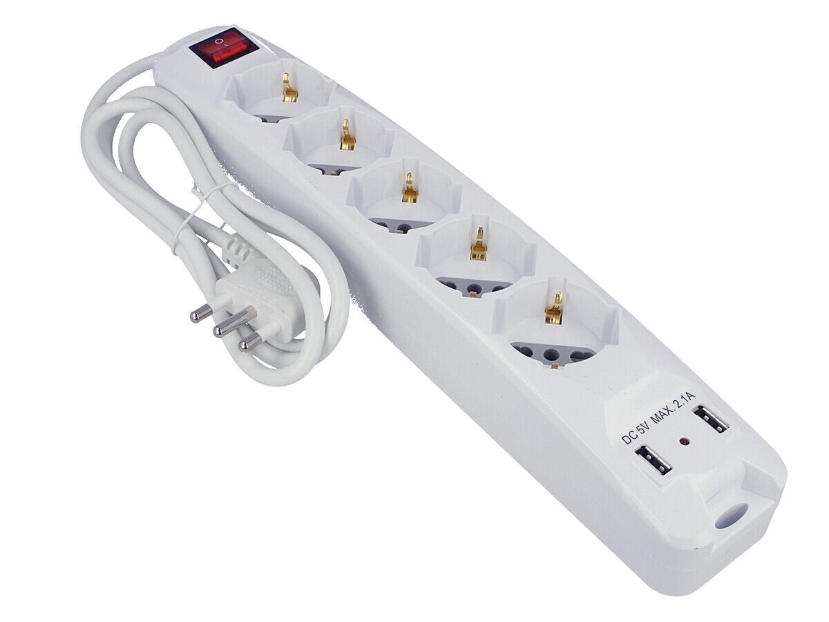 Multipresa Ciabatta Elettrica Spina Con 2 USB 2.1A Cavo 1.5 Metri 5 Posti 2P+T