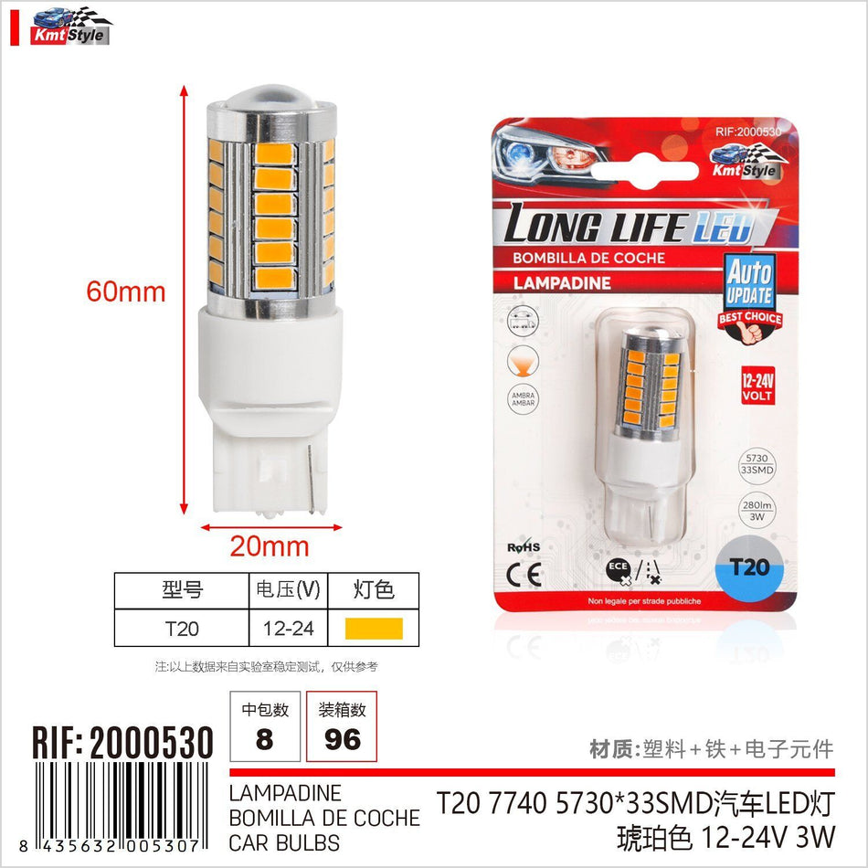 2 Pezzi Lampada Led T10 W21W 33 SMD 5730 12V 24V 280lm 3W Luce Ambra